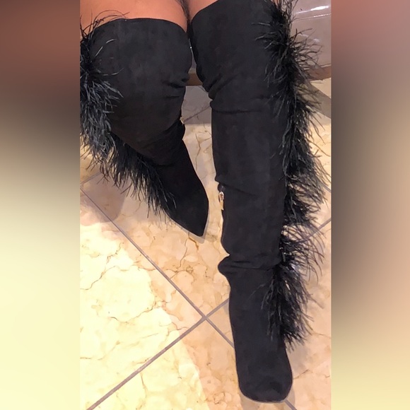 Black feathered knee high boots only worn once - Picture 5 of 5